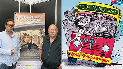 Mauricio Vicent y Juan Padrón y detalle de la portada de 'Crónicas de la Habana'