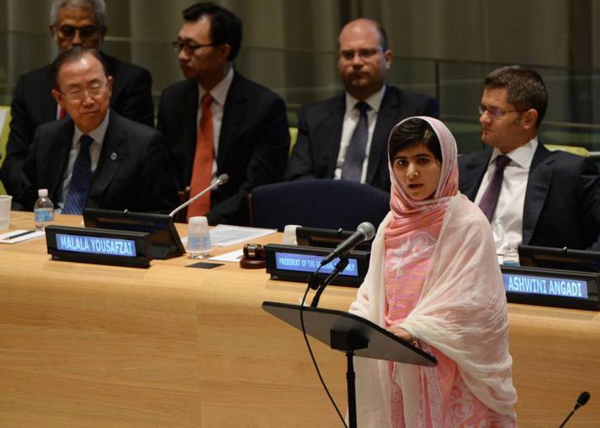 Malala, en una foto de su discurso ante la ONU el 12 de julio de 2013