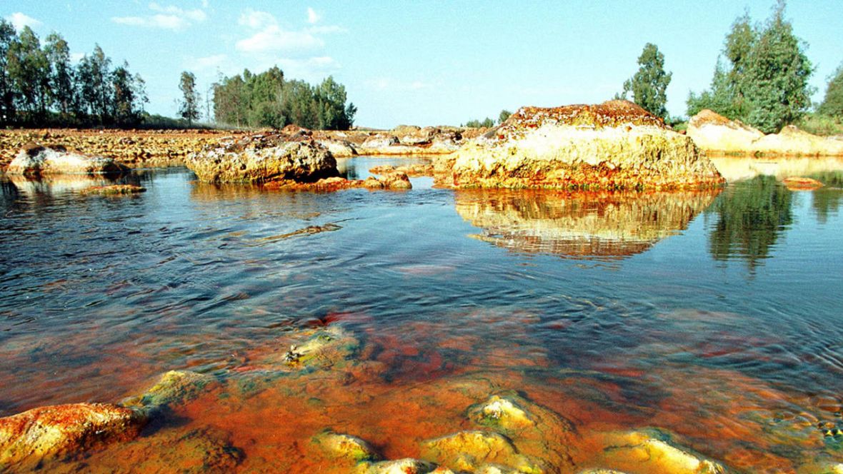 Río Tinto presenta colores rojizos y amarillentos debido a la elevada presencia de compuestos de hierro y azufre.