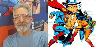 José Luis García López y unnfragmento de su famosa portada con Superman, Wonder Woman y el Tío Sam José Luis García López y unnfragmento de su famosa portada con Superman, Wonder Woman y el Tío Sam