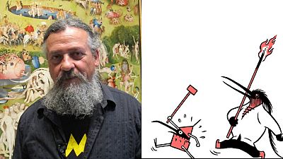 Max delante del cuadro 'El jardín de las delicias' y dos de los protagonistas de 'El tríptico de los encantados' Max delante del cuadro 'El jardín de las delicias' y dos de los protagonistas de 'El tríptico de los encantados'