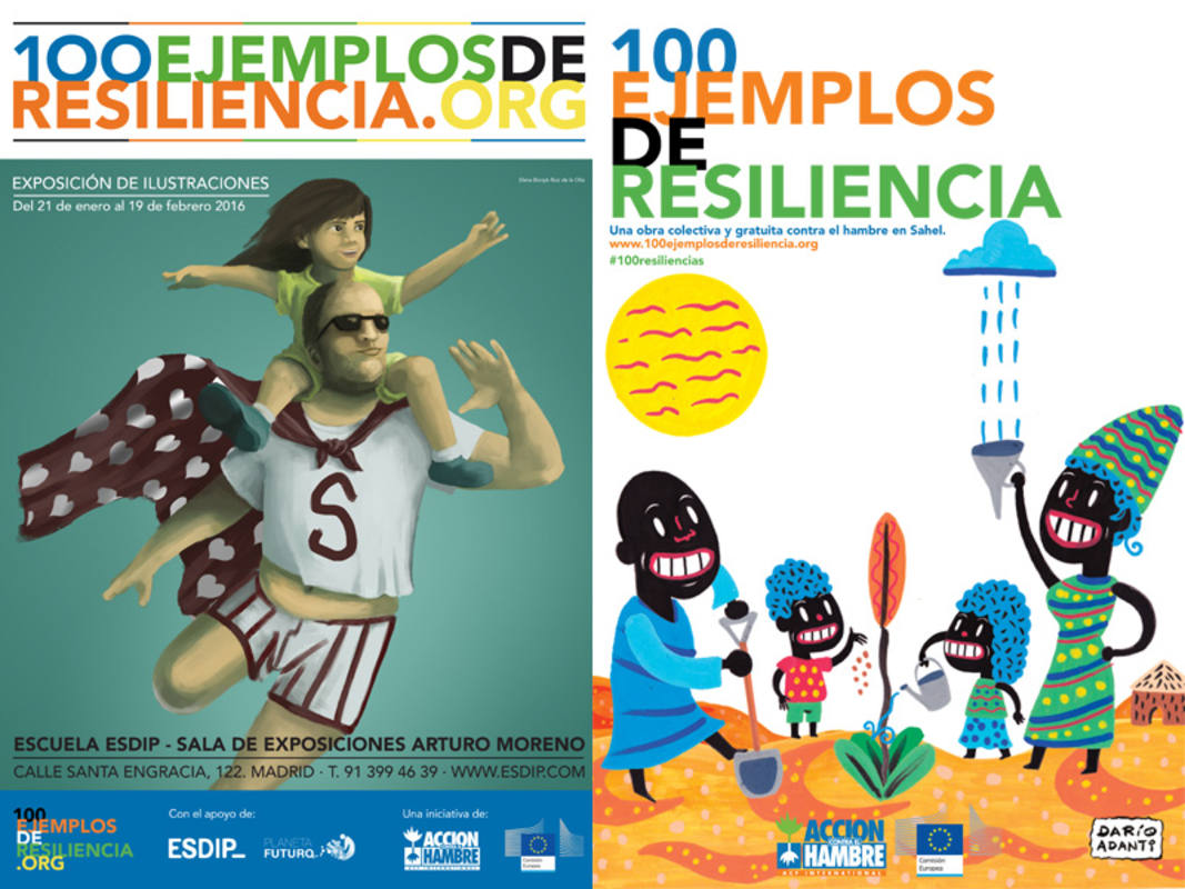 Cartel de la exposición y portada del libro '100 ejemplos de resilencia'