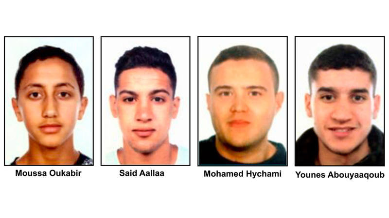 Los cuatro presuntos terroristas de Cataluña buscados, de izquierda a derecha: Moussa Oukabir, Said Aallaa, Mohamed Hychami y Younes Abauyaaqoub