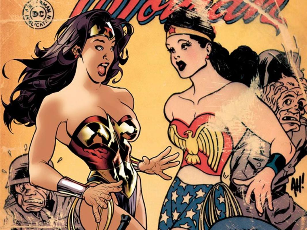 Fragmento de una portada de Adam Hughes con la Wonder Woman original y la actual