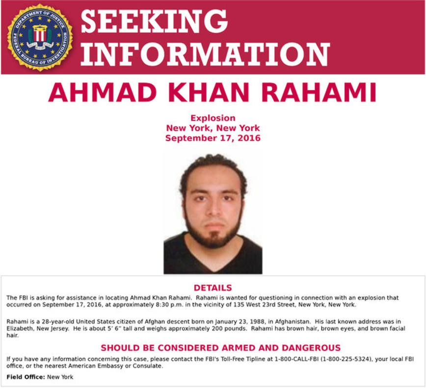 Orden de búsqueda del FBI contra Ahmad Jan Rahami, sospechoso de la colocación de una bomba en Nueva York