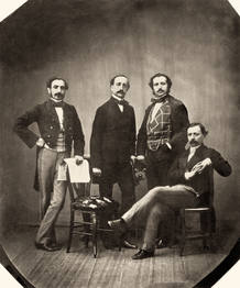Miembros de la redacción de ¿La Iberia¿. De izquierda a derecha: Pedro Calvo Asensio, Francisco Montemar, Ángel Fernández de los Ríos y Práxedes M. Sagasta