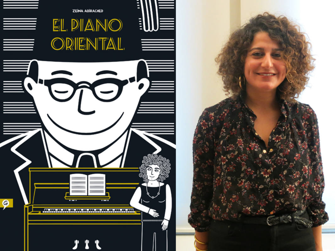 Portada de 'El piano oriental' y Zaina Abirached durante la entrevista