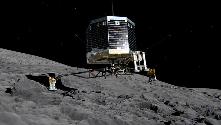 Recreación del momento en el que se prevé que Philae se pose sobre el cometa 67P.