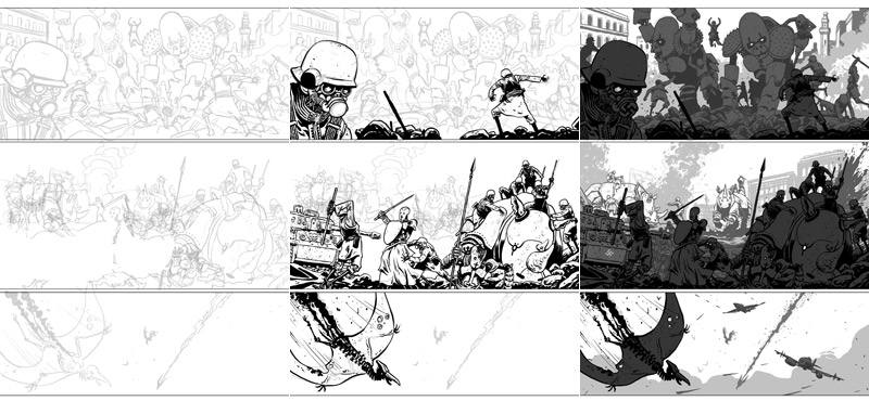 Tres momentos del proceso digital de dibujo de Baldó, desde el lápiz hasta el acabado por capas de negros y grises
