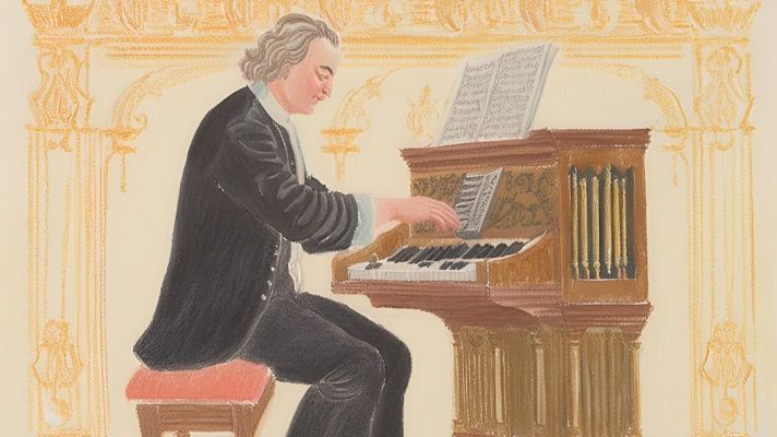 Ilustración de Bach tocando un órgano; viste ropa oscura y camisa clara, sentado en un taburete, con una partitura sobre el instrumento y un fondo que evoca un ambiente clásico.