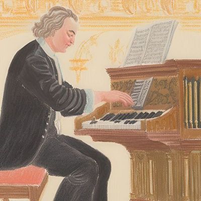 Ilustración de Bach tocando un órgano; viste ropa oscura y camisa clara, sentado en un taburete, con una partitura sobre el instrumento y un fondo que evoca un ambiente clásico.