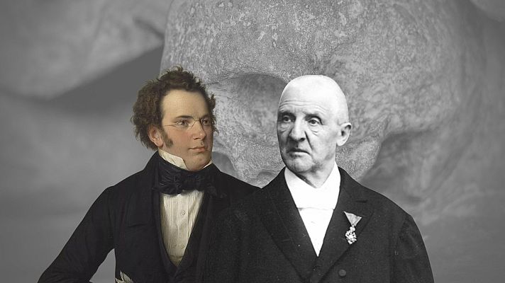 Doble retrato de Schubert y Bruckner; uno a color, otro en blanco y negro.  Imagen promocional del programa \"Sinfonía de la mañana\" de Radio Clásica.