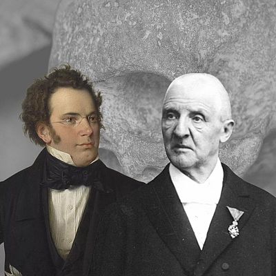 Doble retrato de Schubert y Bruckner; uno a color, otro en blanco y negro.  Imagen promocional del programa \"Sinfonía de la mañana\" de Radio Clásica.