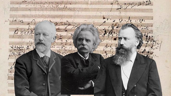 Tres hombres, posiblemente compositores (Sibelius y Grieg entre ellos), sobre partituras musicales.  Imagen promocional del programa \"Sinfonía de la mañana: Relato de un encuentro\" de Radio Clásica.