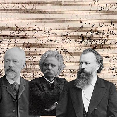 Tres hombres, posiblemente compositores (Sibelius y Grieg entre ellos), sobre partituras musicales.  Imagen promocional del programa \"Sinfonía de la mañana: Relato de un encuentro\" de Radio Clásica.