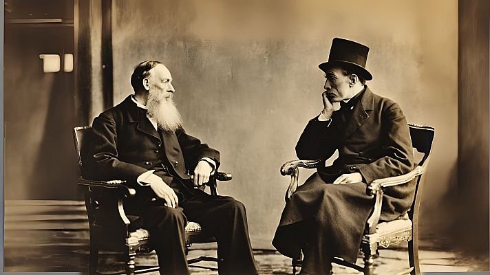Imagen sepia de dos hombres, uno con barba larga y otro con sombrero de copa, sentados y aparentemente conversando.  Ambas figuras visten trajes oscuros.