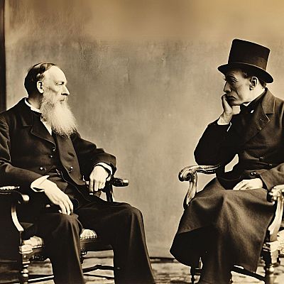 Imagen sepia de dos hombres, uno con barba larga y otro con sombrero de copa, sentados y aparentemente conversando.  Ambas figuras visten trajes oscuros.
