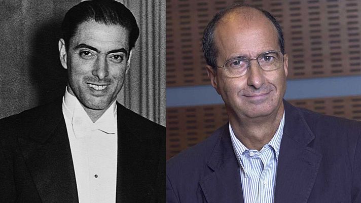 Imágenes de Ataulfo y Fernando Argenta acompañan un anuncio del programa \"Sinfonía de la mañana\" en Radio Clásica, que relata sobre sus vidas.
