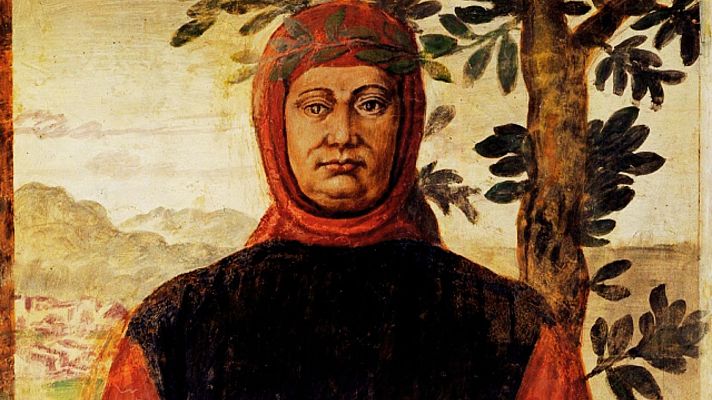 Retrato de Francesco Petrarca con corona de laurel; fondo montañoso con un pueblo y parte de un árbol.