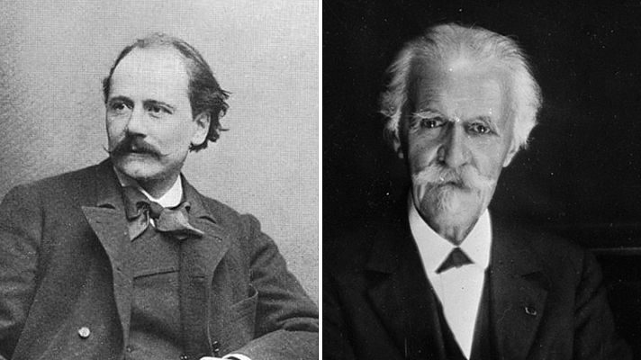 Dos retratos en blanco y negro de compositores: uno con cabello oscuro y bigote, el otro con cabello y bigote blancos, ambos con traje oscuro.  Imagen de un programa de radio.