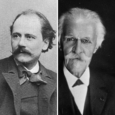 Dos retratos en blanco y negro de compositores: uno con cabello oscuro y bigote, el otro con cabello y bigote blancos, ambos con traje oscuro.  Imagen de un programa de radio.