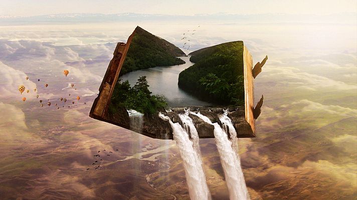 Libro antiguo abierto mostrando un paisaje idílico que contrasta con un terreno árido. Globos aerostáticos y pájaros en un cielo nublado completan la escena surrealista.