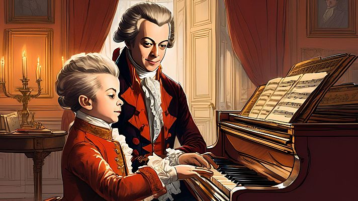 Lección de piano entre Mozart y su hijo Franz Xaver. El padre, vestido de rojo, guía las manos del niño sobre las teclas en una habitación elegantemente decorada.