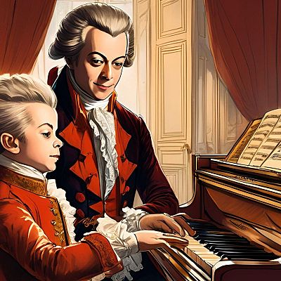 Lección de piano entre Mozart y su hijo Franz Xaver. El padre, vestido de rojo, guía las manos del niño sobre las teclas en una habitación elegantemente decorada.