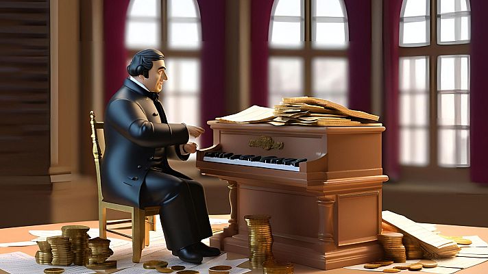 Caricatura de Rossini en traje de época, sentado a un piano con partituras y rodeado de monedas de oro.