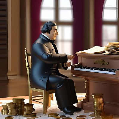 Caricatura de Rossini en traje de época, sentado a un piano con partituras y rodeado de monedas de oro.