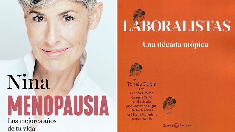 Portadas de dos libros: "Nina, Menopausia" con foto de una mujer y "Laboralistas", de varios autores, con portada naranja y huellas dactilares.