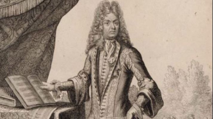 Retrato clásico de Jean Baptiste Lully: hombre con peluca, ropa elegante y libro abierto, en un entorno que parece un jardín.