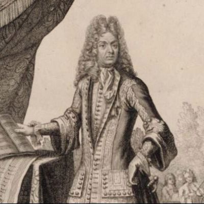 Retrato clásico de Jean Baptiste Lully: hombre con peluca, ropa elegante y libro abierto, en un entorno que parece un jardín.
