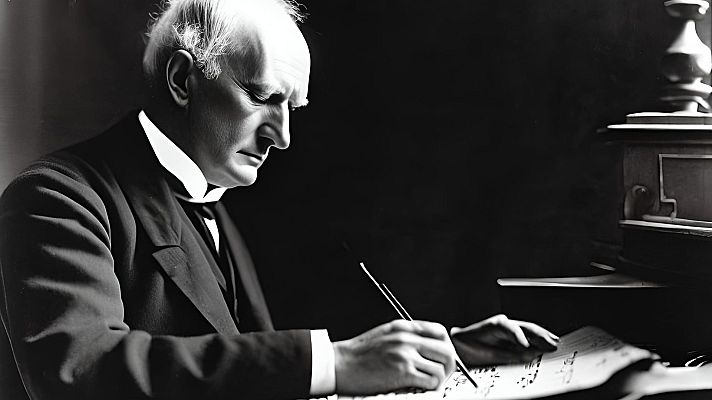Compositor mayor con cabello blanco, revisando una partitura con pluma en mano; iluminación en rostro y manos; fondo oscuro con objeto borroso a la derecha.