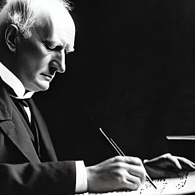 Compositor mayor con cabello blanco, revisando una partitura con pluma en mano; iluminación en rostro y manos; fondo oscuro con objeto borroso a la derecha.