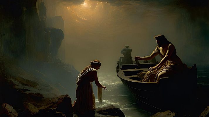 Encuentro dramático al amanecer entre una mujer arrodillada en rocas y dos figuras en un bote que llega a la orilla, en una escena con atmósfera misteriosa y luz tenue.