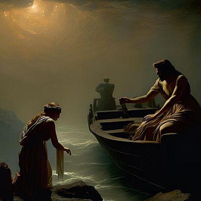 Encuentro dramático al amanecer entre una mujer arrodillada en rocas y dos figuras en un bote que llega a la orilla, en una escena con atmósfera misteriosa y luz tenue.