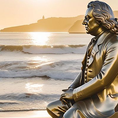 Estatua dorada de Händel, sentado, mirando un mar tranquilo con olas suaves y un reflejo dorado del sol.  Ropa de época, postura relajada.