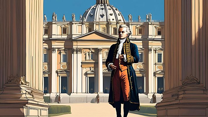 Representación artística de Mozart con vestimenta de época frente a la Basílica de San Pedro.  Casaca azul, chaleco rojizo y peluca blanca.