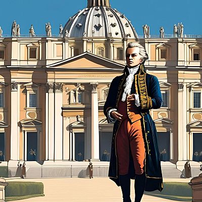 Representación artística de Mozart con vestimenta de época frente a la Basílica de San Pedro.  Casaca azul, chaleco rojizo y peluca blanca.