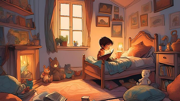 Niño leyendo un libro en su cama, rodeado de juguetes y libros.  Luz cálida de una lámpara y chimenea. Escena tranquila y acogedora.