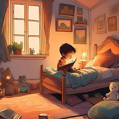 Niño leyendo un libro en su cama, rodeado de juguetes y libros.  Luz cálida de una lámpara y chimenea. Escena tranquila y acogedora.