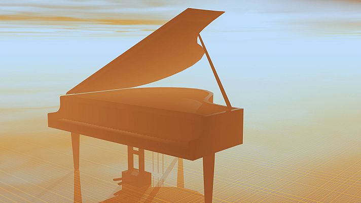 Piano de cola anaranjado abierto sobre suelo de madera, con fondo de tonos cálidos que evocan un amanecer o atardecer.  Escena serena y tranquila.