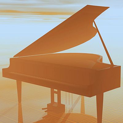 Piano de cola anaranjado abierto sobre suelo de madera, con fondo de tonos cálidos que evocan un amanecer o atardecer.  Escena serena y tranquila.