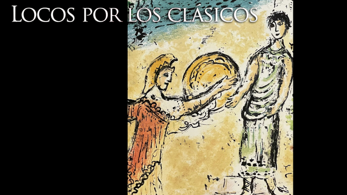 Ilustración de estilo clásico que representa una escena del Canto XV de la Odisea. Una figura femenina, vestida con túnica, ofrece un objeto redondo a un hombre también vestido con túnica.