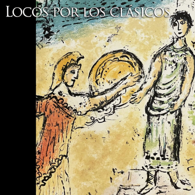 Ilustración de estilo clásico que representa una escena del Canto XV de la Odisea. Una figura femenina, vestida con túnica, ofrece un objeto redondo a un hombre también vestido con túnica.