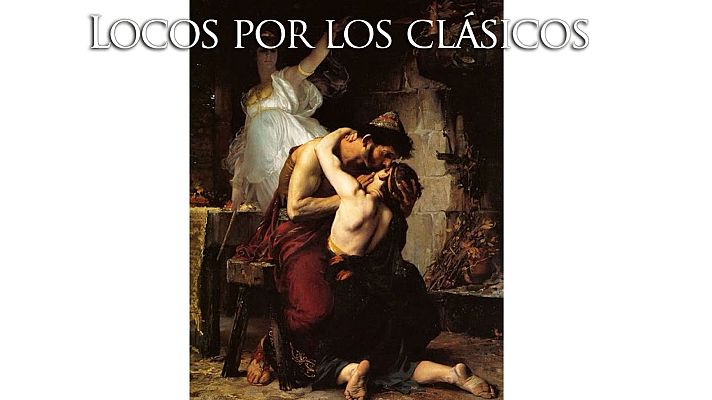 Ulises, vestido con ropas clásicas, abraza a su hijo. Una figura femenina observa la escena en un entorno que sugiere un interior rústico con elementos de piedra.