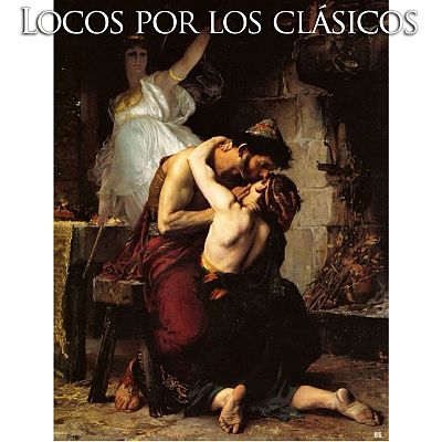 Ulises, vestido con ropas clásicas, abraza a su hijo. Una figura femenina observa la escena en un entorno que sugiere un interior rústico con elementos de piedra.