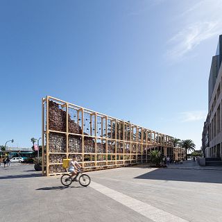 El origen de Gran Canaria frente a una parada de autobs