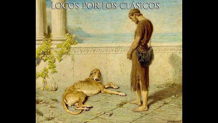 Un hombre con aspecto de mendigo contempla a un perro viejo y enfermo en un entorno clásico con columnas y vegetación, posiblemente un patio. La escena evoca un emotivo reencuentro.